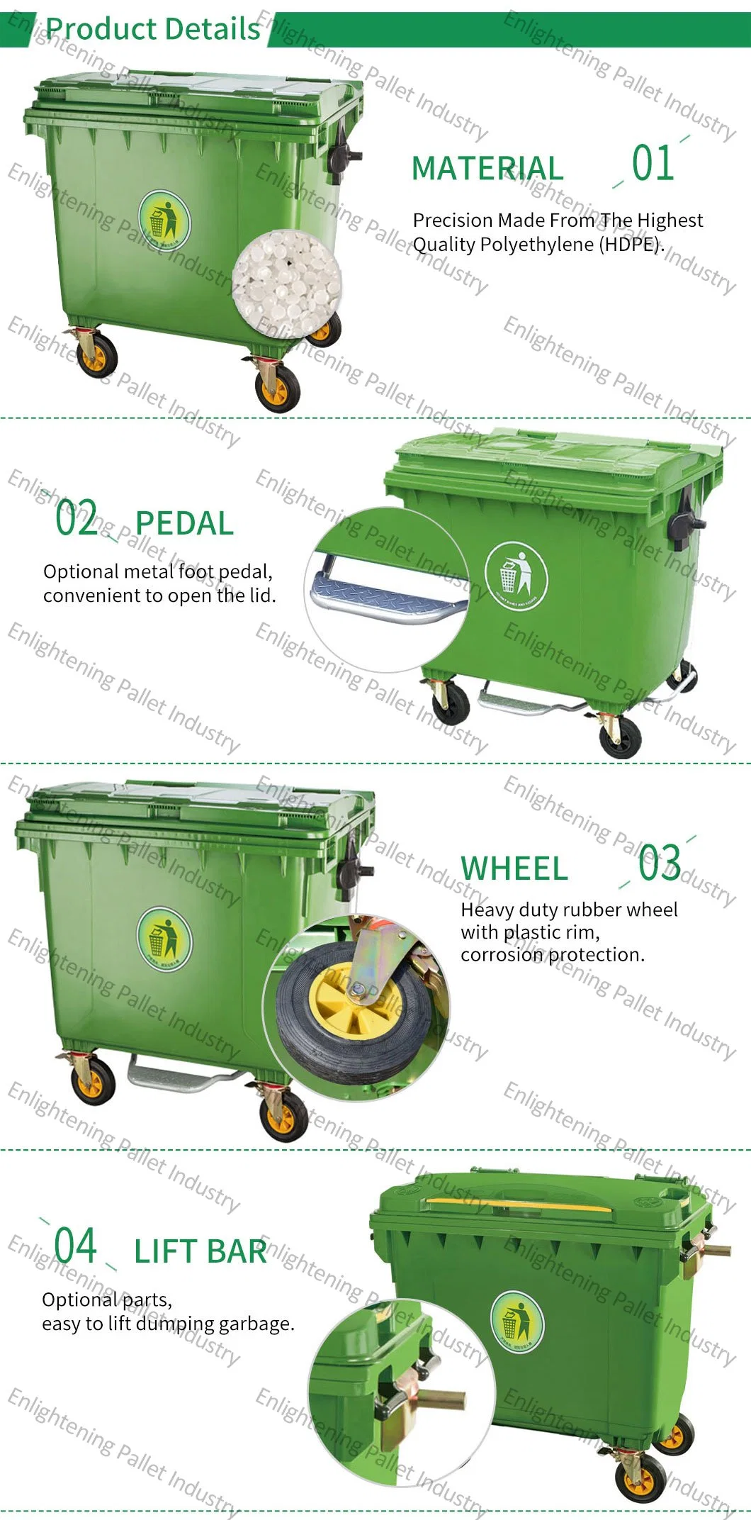 1100L/660L Large Outdoor Public Street HDPE 4 Wheel Industrial Plastic Trash/Rubbish/Waste/Garbage/Wheelie Bins with Lid Pedal